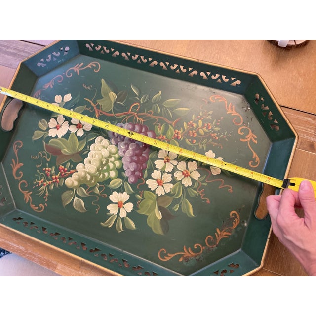 Metal Vintage Hand-Painted Floral & Botanical Tôleware Octagonal Serving Tray With Reticulated Gallery For Sale - Image 7 of 7