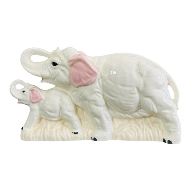 Vintage 1970s Ceramic Elephant Mother & Baby Figurine | Lucky Trunks Up Decor | White & Pink Porcelain Collectible | Mid Century Animal Statue For Sale