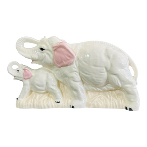 Vintage 1970s Ceramic Elephant Mother & Baby Figurine | Lucky Trunks Up Decor | White & Pink Porcelain Collectible | Mid Century Animal Statue