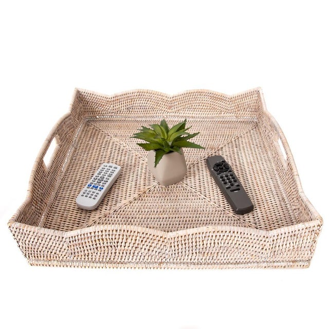 Artifacts Rattan Scallop Collection Square Tray with Cutout Handles in White Wash - 20" For Sale - Image 4 of 8