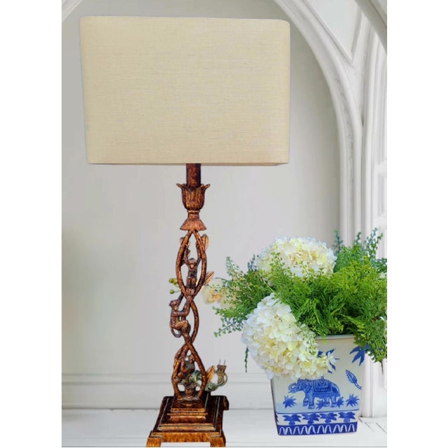 1990s Vintage Tall Tortoiseshell Finish 3 Monkeys Climbing Table Lamp With Rectangular Shade For Sale - Image 5 of 9