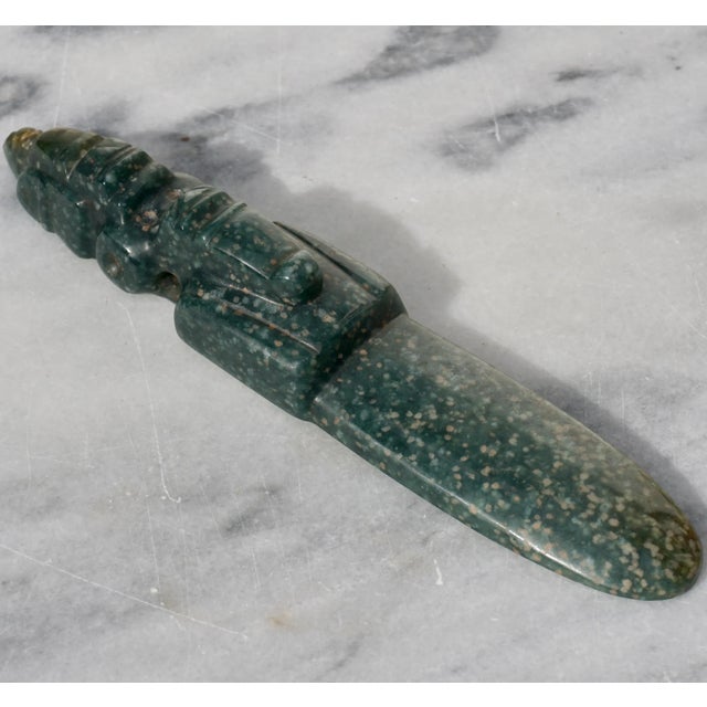 Fine Costa Rican Jade Axe God, Guanacaste-Nicoya region, ca. A.D. 1-1500 Of celt form depicting the mythical part human-...