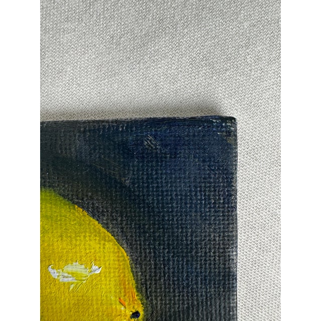 Vintage Traditional Dutch Sill Life ‘Lemon’ Small Original Oil Painting in Ink Blue, Yellow, Dark Green For Sale - Image 9 of 11
