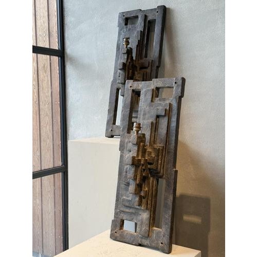 A Pair of 1970s French Brutalist Wall Lights in composite concrete. The work of a talented Artist, these large appliques...