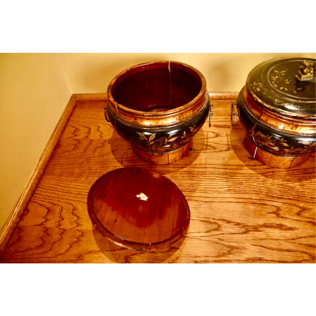 19th Century Antique Chinese Lacquered Wooden Lidded Storage Vessels—A Pair For Sale - Image 5 of 11