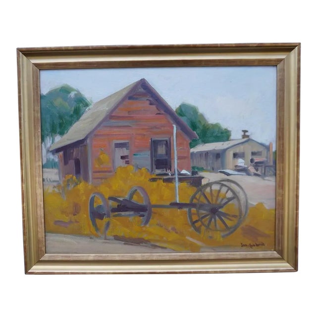 Mid 20th Century Sam Hyde Harris Rural Barn Scene Oil Painting on Board, Framed For Sale