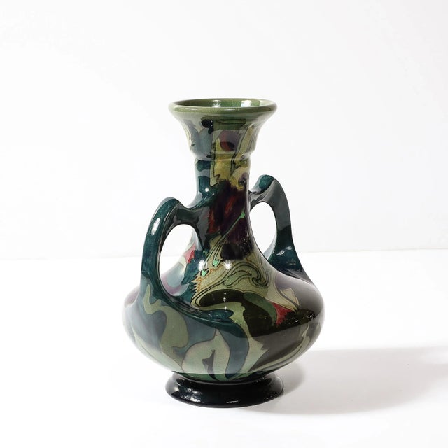Army Green Art Nouveau Hand-Painted Ceramic Vase Signed Gouda For Sale - Image 8 of 12