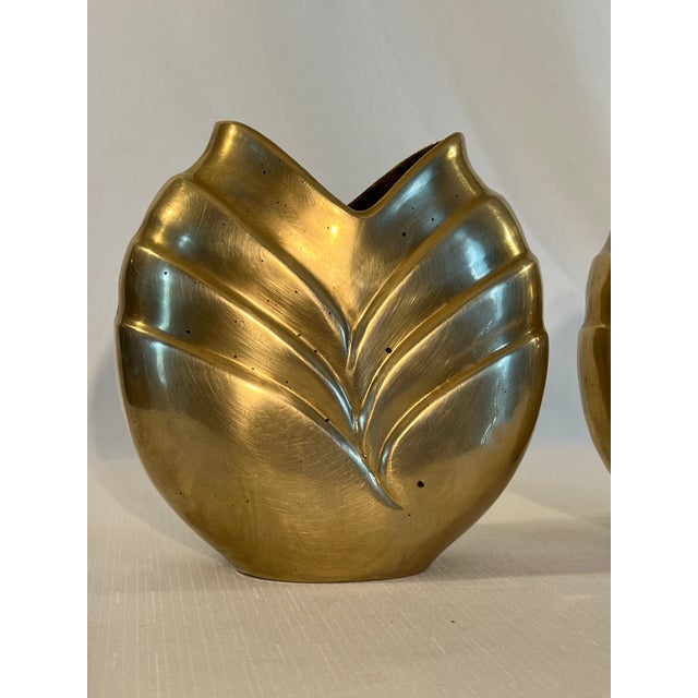 Vintage Hollywood Regency Art Deco Style Polished Brass Vases - A Pair Inspired by Dolbi Cashier. For Sale - Image 12 of 13