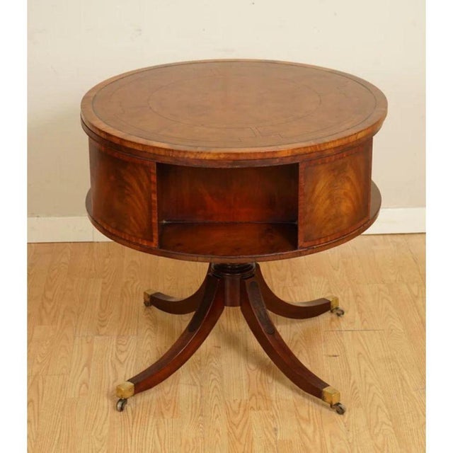 Hollywood Regency Regency Style Revolving Bookcase Drum Table in Hand Dyed Whiskey Brown, 1940s For Sale - Image 3 of 11