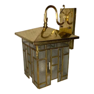 Arts and Crafts Style Polished Brass and Glass Lantern in the Manner of Gustav Stickley