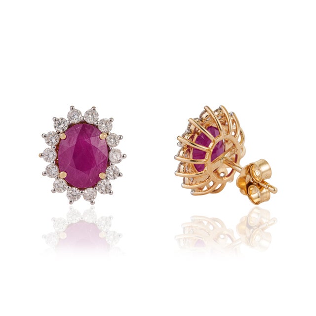 Metal 18k Gold 4.86ct Vivid Red Ruby & 1.04ct Diamond Halo Sunburst Stud Earrings- 2 Pieces For Sale - Image 7 of 16