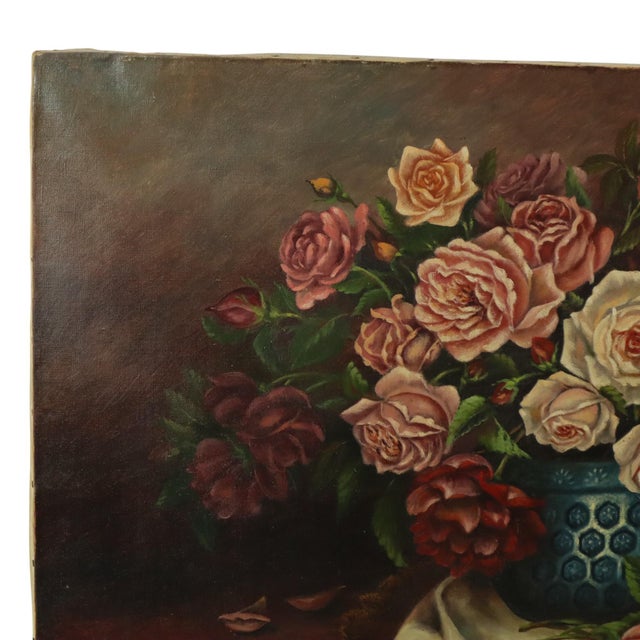R. Blanlin, Large Floral Still Life with Rose Bouquet, Oil on Canvas For Sale - Image 4 of 16