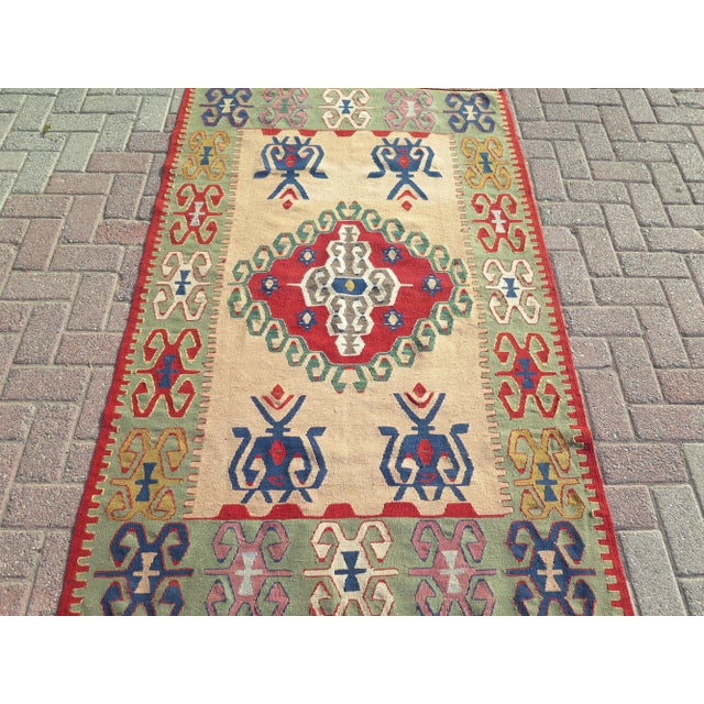 Mid-Century Modern Mid 20th Century Mid 20th Century Small Aesthetic Boho Handmade Kilim Vintage Area Rug For Sale - Image 3 of 11