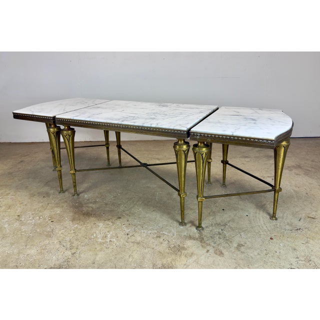Maison Baguès Mid 20th Century French Neoclassical Regency Style Tripartite X-Base Brass & Carrara Marble Tables For Sale - Image 4 of 12