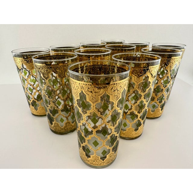 1960s Vintage Mid Century Culver Gold and Green Moroccan Highball Glasses, Set of 12 For Sale - Image 5 of 14