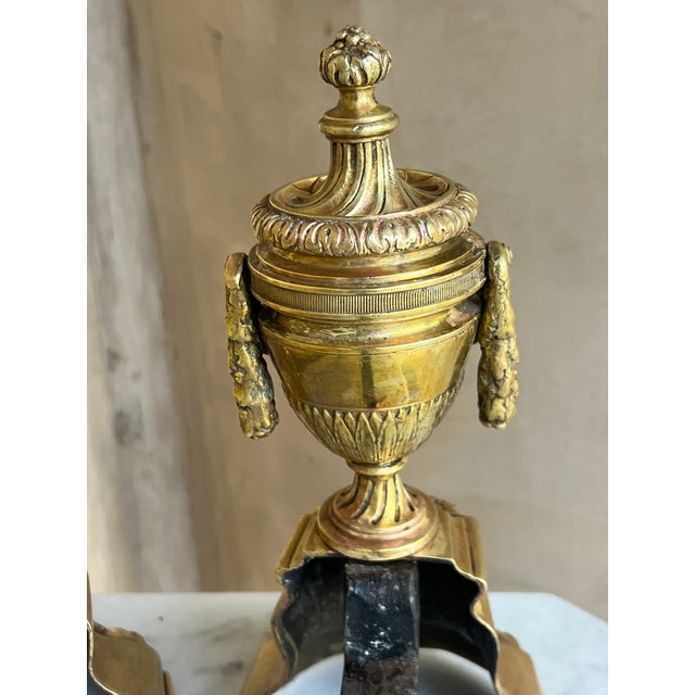 French 19th Century Louis XVI Style Bronze Fireplace Andirons-Set of 2 For Sale - Image 3 of 9