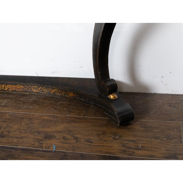 Chinoiserie English Chinoiserie Black and Gold Console Tables with White Marble Tops, a Pair For Sale - Image 3 of 12
