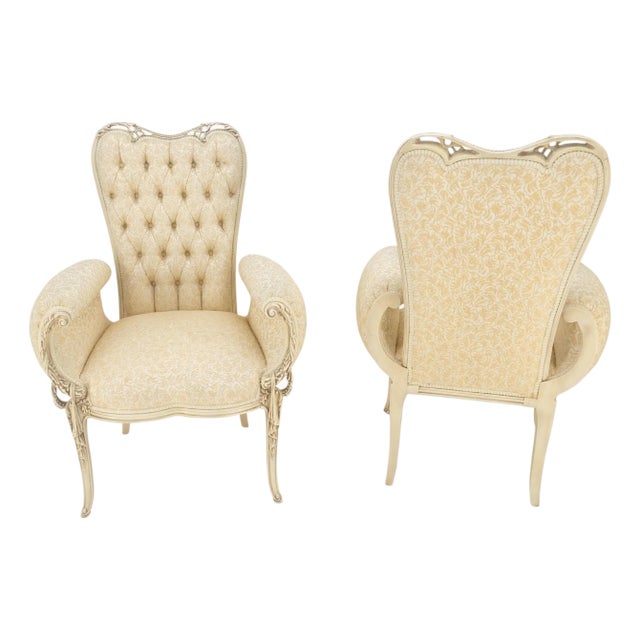 Pair Rococò Louis XVI Style Tufted Pierce Carved Backs Off White Fireside Chairs For Sale
