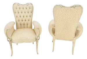 Pair Rococò Louis XVI Style Tufted Pierce Carved Backs Off White Fireside Chairs