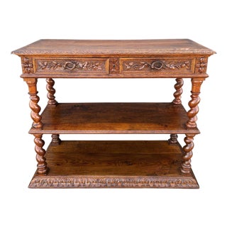 Carved Oak Barley Twist Console Table With Shelves For Sale