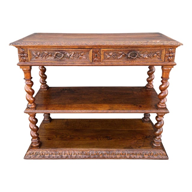 Carved Oak Barley Twist Console Table With Shelves For Sale