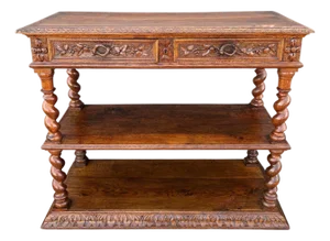 Carved Oak Barley Twist Console Table With Shelves