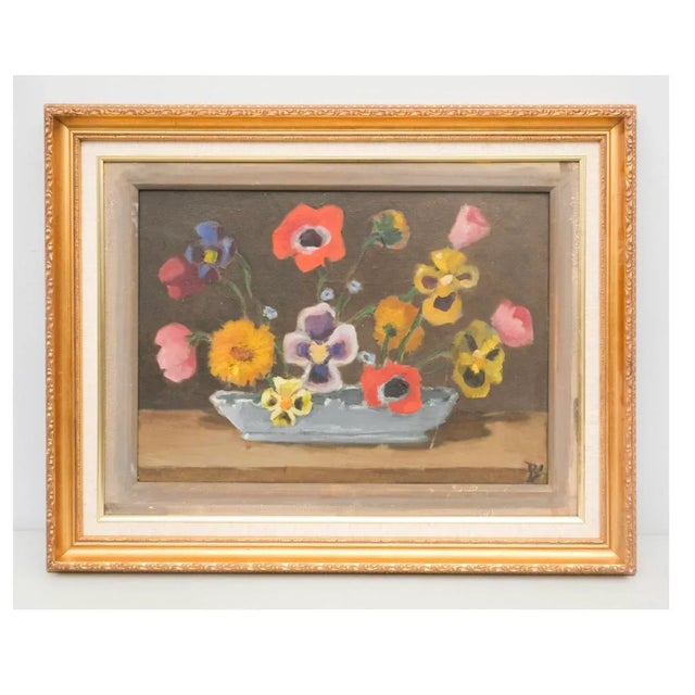 Mid Century 20th C American Oil on Canvas Board Painting Signed Flowers in a Vase Still Life Floral Gilt Wood Frame For Sale In Los Angeles - Image 6 of 12
