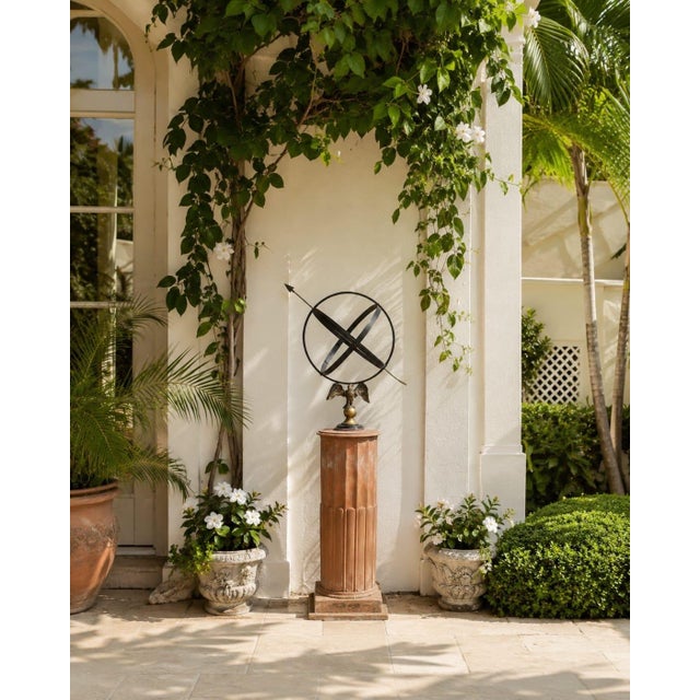 Neoclassical Wrought Iron Armillary Sphere Sundial on Fluted Terracotta Pedestal For Sale - Image 9 of 12