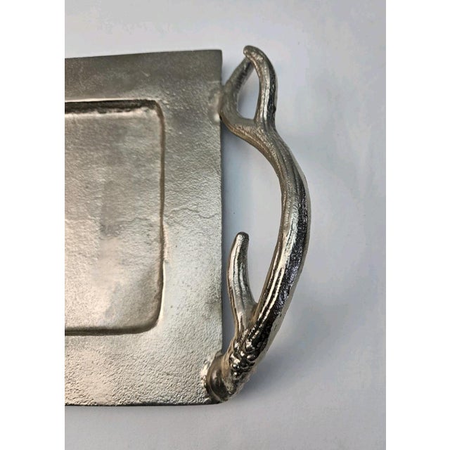 2010s Silver Metal Serving Platter With Antler Handles – 26″ Rectangular Decorative Tray For Sale - Image 5 of 6