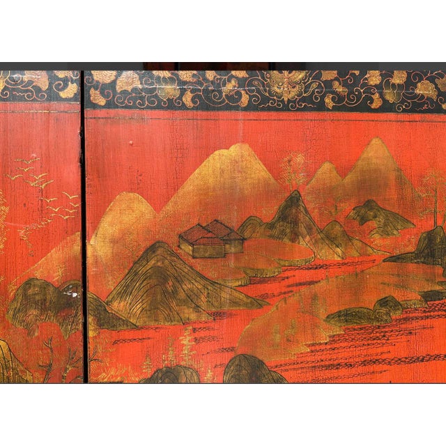 Chinoiserie Red & Gold Painted Lacquer 4 Panel Screen With Black & Gold Border For Sale - Image 11 of 15