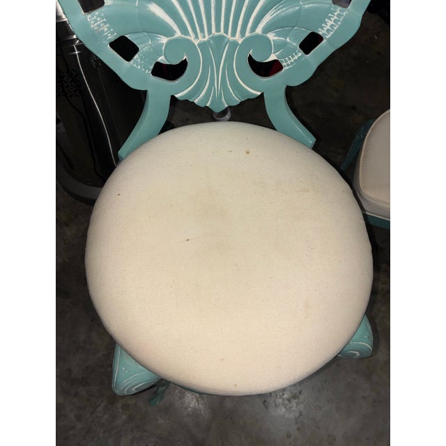 Turquoise Hollywood Regency Veneman Cast Aluminum Clamshell Patio Set With Tags, Four Chairs, Bar Stools, and Glass Pedestal Table, 7 Pieces For Sale - Image 8 of 12