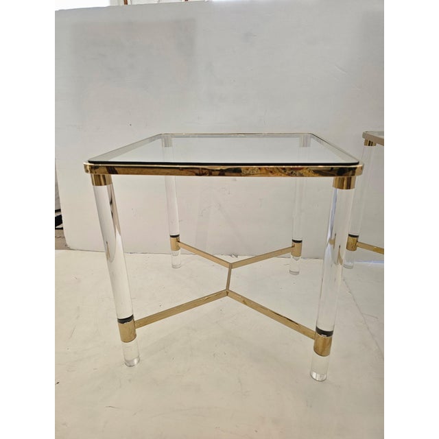 Midcentury Modern Square Brass & Glass Endtables With Lucite Legs- A Pair For Sale - Image 4 of 7