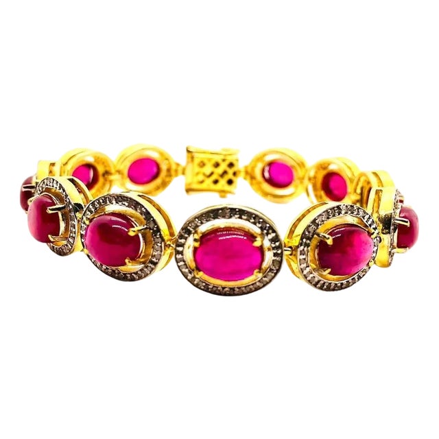 Bochic “Capri” Vintage Natural Ruby & Diamond Bracelet Set In 18K & Silver For Sale