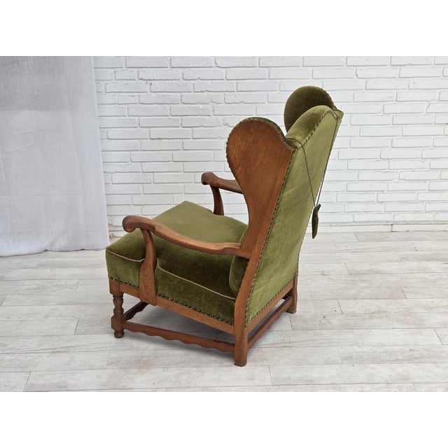1960s Vintage Danish Wingback Lounge Chair in Furniture Velour and Oak, 1960s For Sale - Image 5 of 18