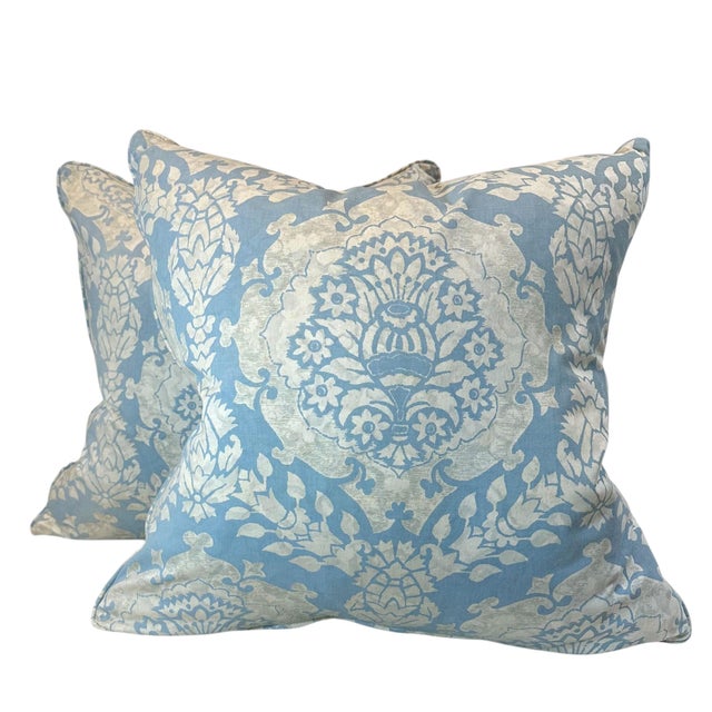 A beautiful pair of Fortuny pillows in shades of blue with silver. The cotton fabric was bought in Italy in the 1950s, and...