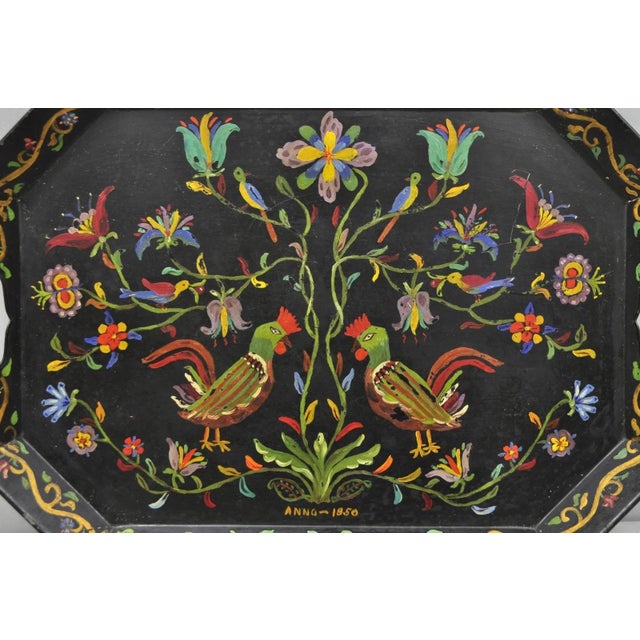 Vintage Lida Bell Clark French Country PA Dutch Colorful Hand Painted Birds & Flowers Toleware Metal Tray. Tray is...
