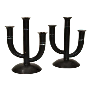 Pair of Japanese Ceramic Black & Mother of Pearl Candelabra Made by Hand 1960