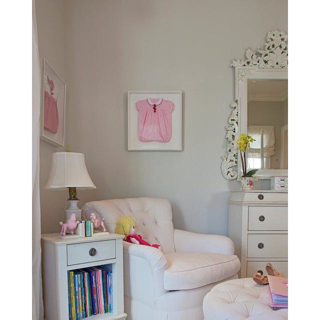 A Women's Exchange Girls Cherry Bubble Framed in a White wood frame shadow box with Ralph Lauren white matelesse fabric...