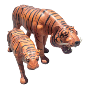 Vintage 1960's Heavy Leather Wrapped Whimsical Standing Tiger Statues- A Pair