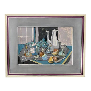 Mid-Century Painting, Still Life with Coffee Pot, Bottle and Fruit on a Table, Poulain, 1950 For Sale
