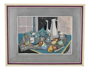 Mid-Century Painting, Still Life with Coffee Pot, Bottle and Fruit on a Table, Poulain, 1950