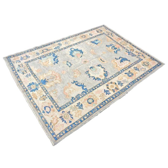 Ivory 21st Century Turkish Oushak 5X7 Gray, Ivory & Slate Blue Handmade Area Rug #1144211 For Sale - Image 8 of 13