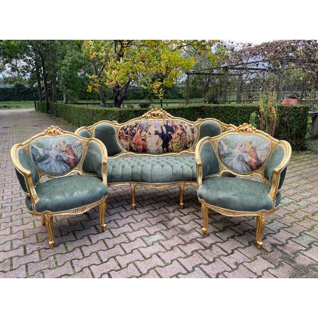 1950's Louis XVI Living Room Set Green Velvet - 3 Pieces For Sale - Image 13 of 13