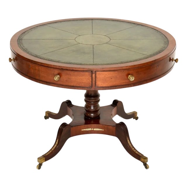 Antique Regency Leather Top Drum Table, 1800s For Sale
