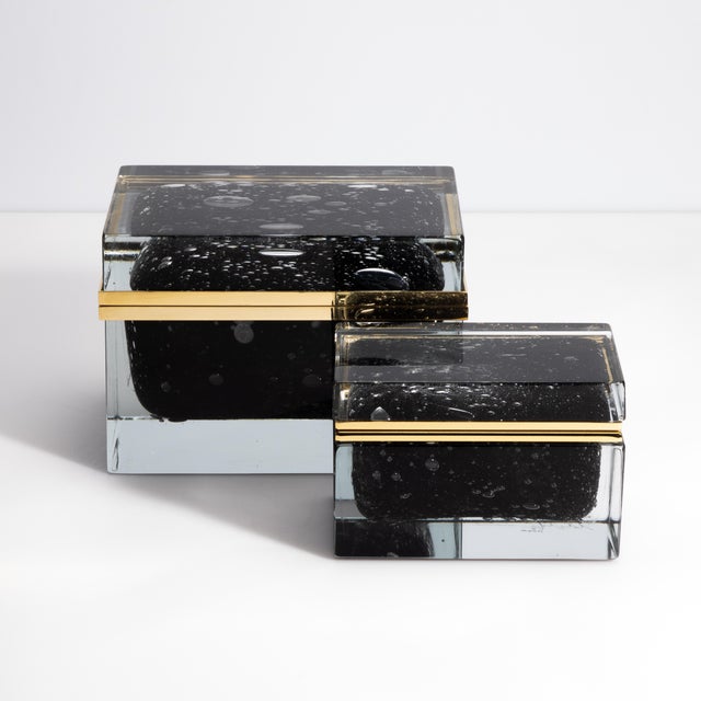 Hand Blown Murano Glass Box in Black With Bubbles and Brass Fittings For Sale - Image 10 of 12