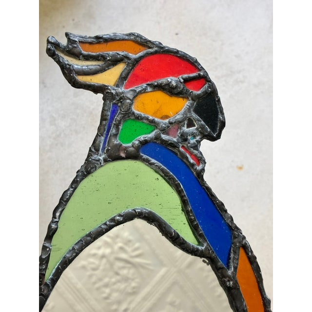 Boho Chic Vintage Mid-Century Leaded Stained Glass Parrot Wall Mirrors - A Pair For Sale - Image 3 of 4