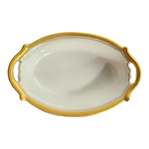 Antique Hand-Painted Integral Open Handled White Fine Bone China Oval Dish