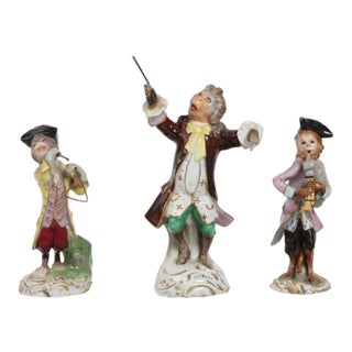 Antique Germany Porcelain 3 Piece Monkey Orchestra Figurines For Sale