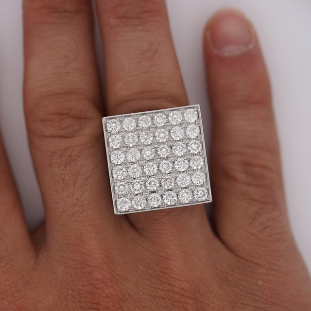 Contemporary 1990s 8.56 Carat Round Diamond Full Pave Square 18k White Gold Vintage Mens Ring, Size 10 For Sale - Image 3 of 5