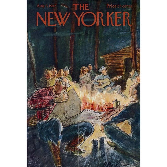 Original vintage New Yorker magazine cover dated August 3, 1957 featuring a Campfire theme. Cover art by Perry Barlow...